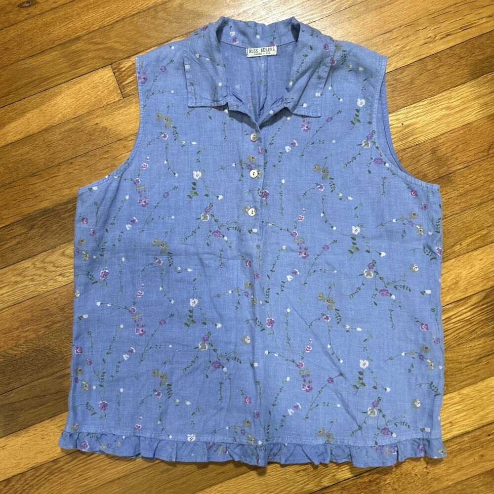 Russ Berens Malibu Blue Floral Linen Button-Up Top — Size M 🌸
